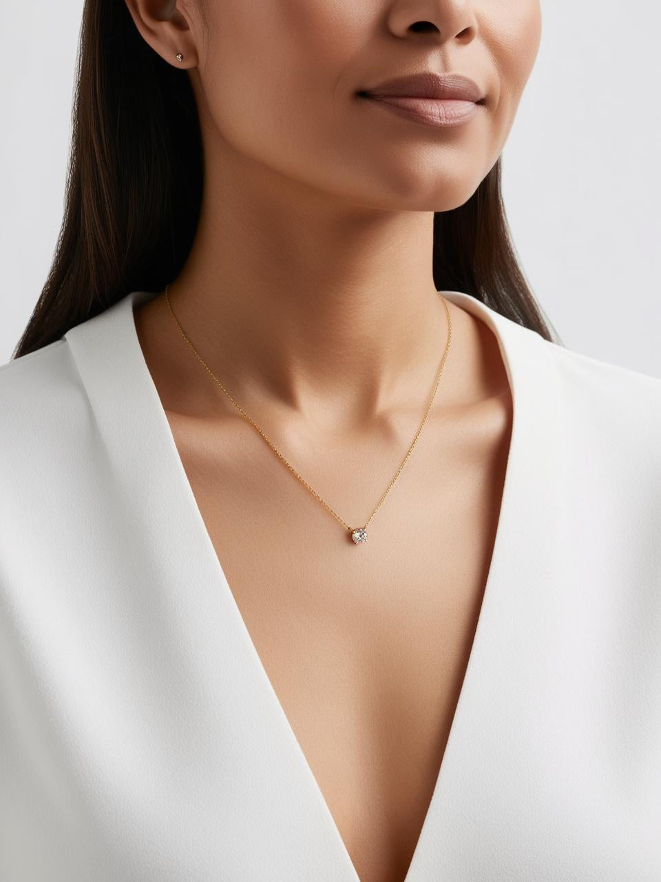 18K Gold Plated 925 Sterling Silver Round Solitaire Necklace - White